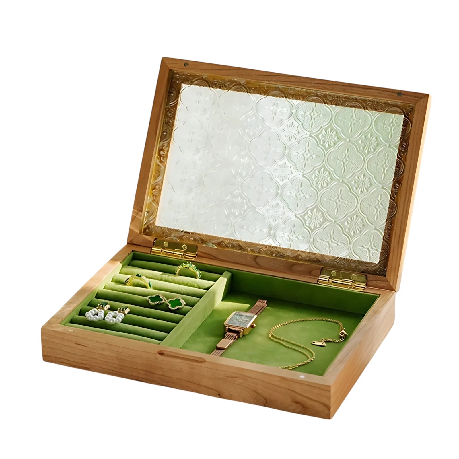 Boîte à Bijoux Ancienne en Bois et Verre